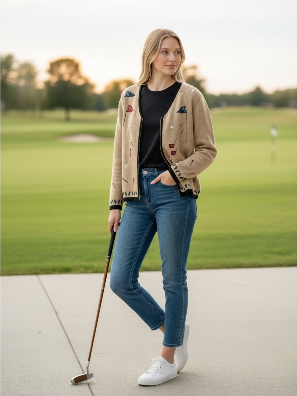 Vintage Embroidered Golf detail zip up sweater, shoulder pads